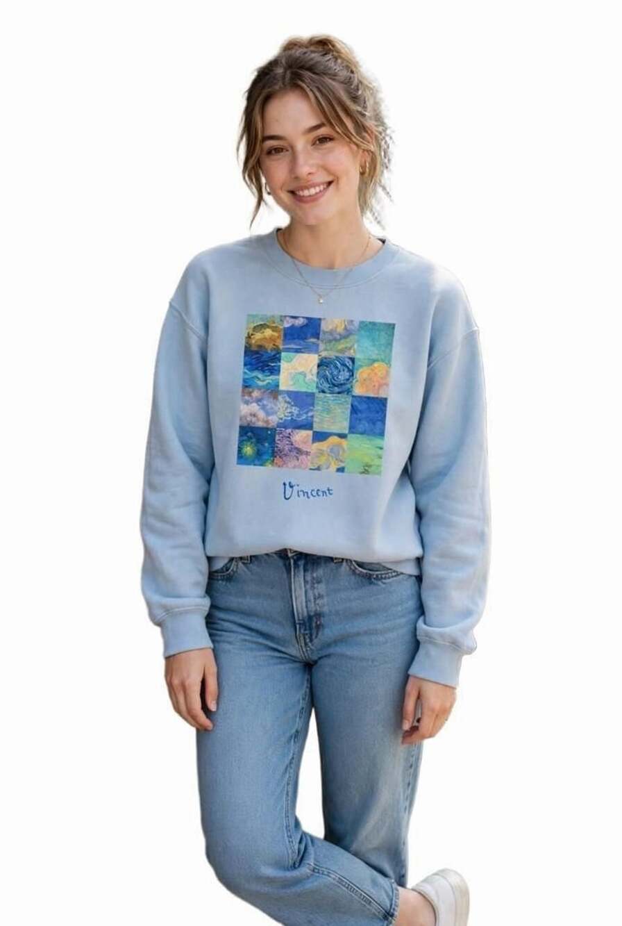 Gildan Light Blue Vincent Van Gogh Paintings Grid Crewneck Sweatshirt